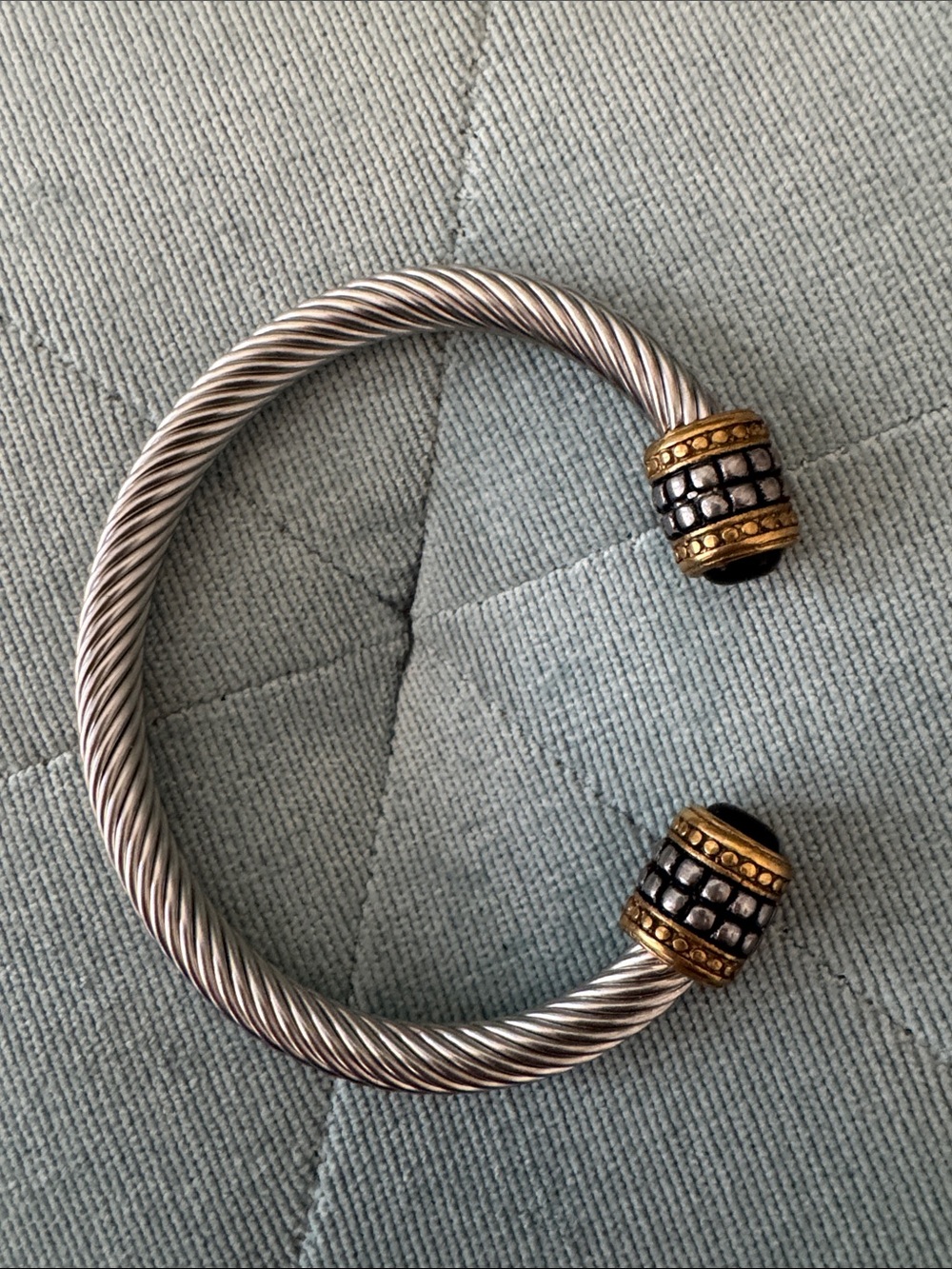 Silver Tone Cable Cuff Bracelet with Gold Accents & Black End Caps
